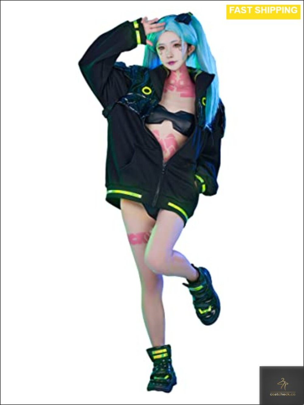 PU Leather Cosplay Costume Jacket Set with Shoe Cover Hair Band Stickers